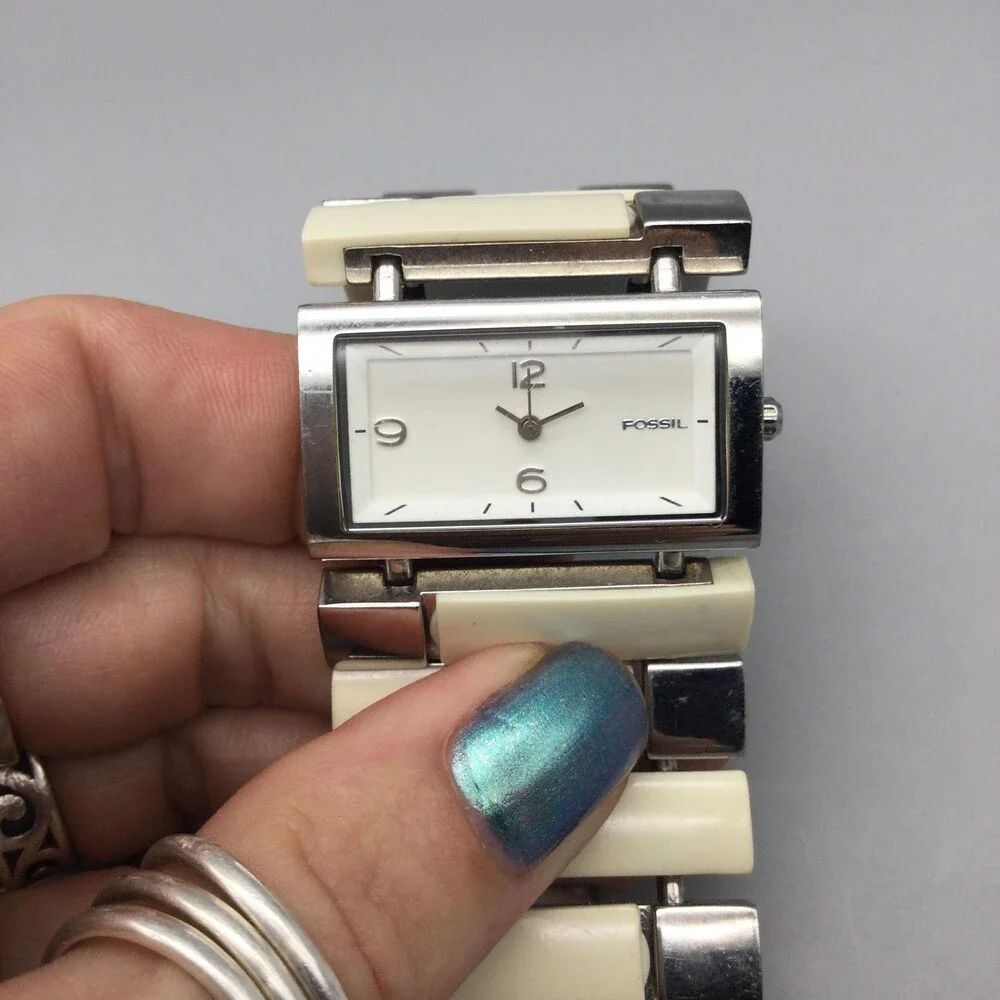 Fossil F2 Womens Watch 35mm White Dial Stainless Beige Resin New Battery 6.5